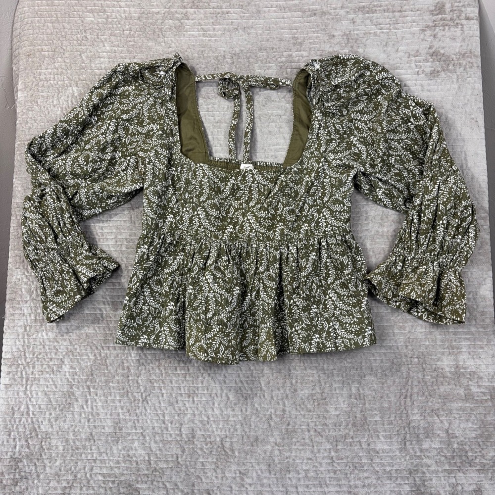 Pilcro Anthropologie Corduroy Peplum Top Olive Green Floral Puff Sleeve Large